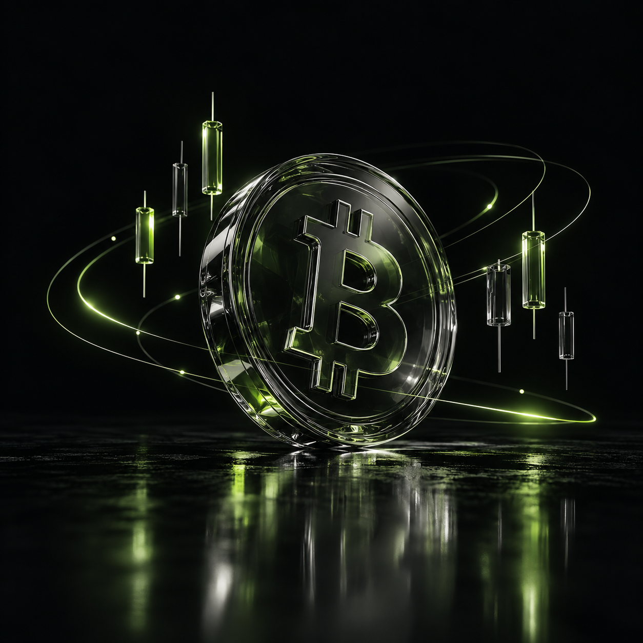Smoked-glass Bitcoin sculpture surrounded by green orbital light and chart forms